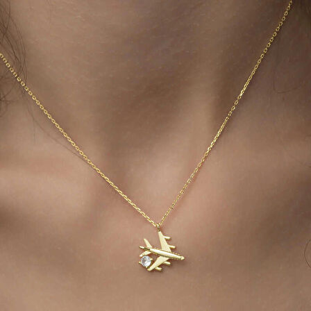 STİLLOVE Gümüş Gold Tek Taşlı Uçak Kadın Kolye