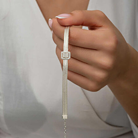 STİLLOVE Gümüş Baget Taşlı Trabzon Hasır Kadın Bileklik