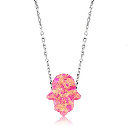 STİLLOVE Gümüş Pembe Opal Fatma Eli Kadın Kolye
