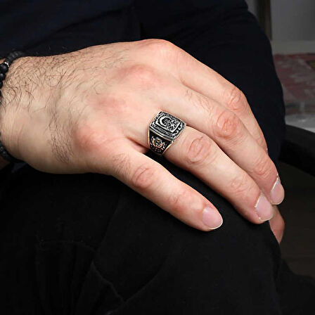 STİLLOVE Gümüş Ay Yıldız Osmanlı Arması Kartal Desenli Erkek Yüzük