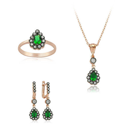 STİLLOVE Gümüş Yeşil Taşlı Damla Bayan Set
