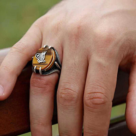 STİLLOVE Gümüş Kaplan Gözü Taşlı Tuğralı Erkek Yüzük