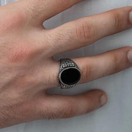 STİLLOVE Gümüş Oniks Taşlı Örgü Desenli Erkek Yüzük