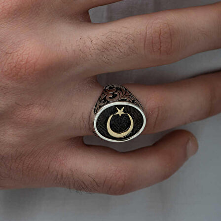 STİLLOVE Gümüş Yanları Desenli Ay Yıldız Erkek Yüzük