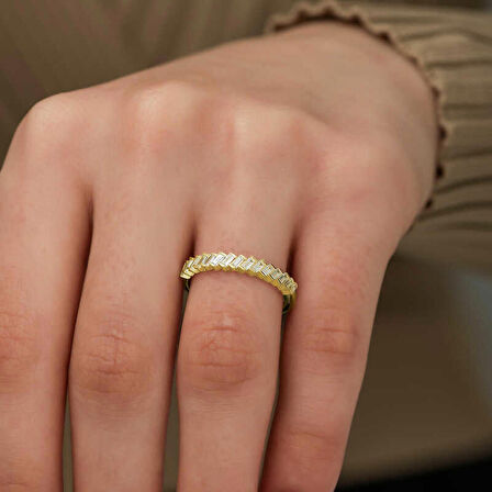 STİLLOVE ​​Gümüş Gold Sıralı Baget Taşlı Kadın Yüzük