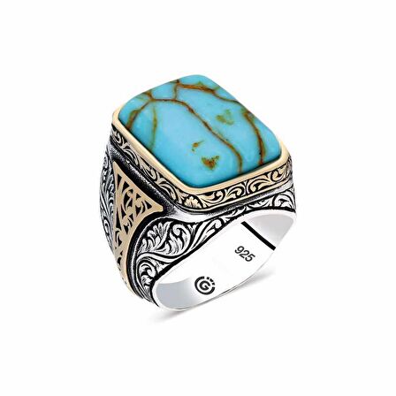 STİLLOVE ​Gümüş Turkuaz Çizgi Geçişli Taşlı Kare Erkek Yüzük