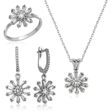 STİLLOVE Gümüş Trapez Taşlı  Çiçek Bayan Set