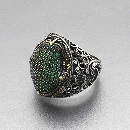 STİLLOVE Gümüş Yeşil Zirkon Taşlı Oval Erkek Yüzük