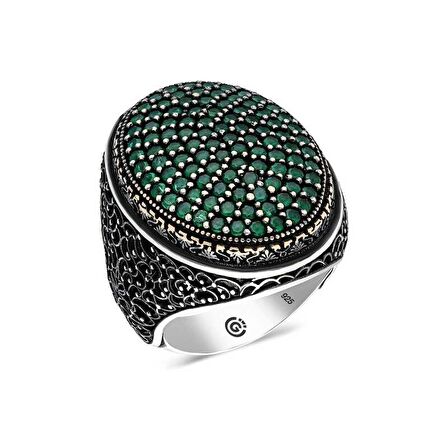 STİLLOVE Gümüş Yeşil Zirkon Taşlı Oval Erkek Yüzük