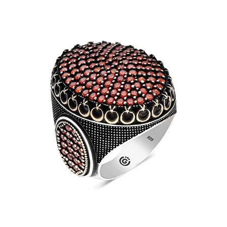 STİLLOVE Gümüş Kırmızı Zirkon Taşlı Oval Erkek Yüzük