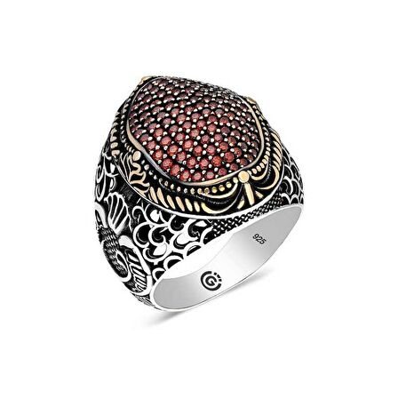 STİLLOVE Gümüş Kırmızı Zirkon Taşlı Oval Erkek Yüzük