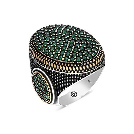 STİLLOVE Gümüş Yeşil Zirkon Taşlı Oval Erkek Yüzük