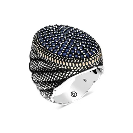 STİLLOVE Gümüş Lacivert Zirkon Taşlı Oval Erkek Yüzük