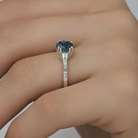 STİLLOVE Gümüş Mavi Baget Tek Taş Kadın Yüzük