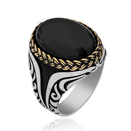 STİLLOVE ​Gümüş Oniks Taşlı Desenli Erkek Yüzük