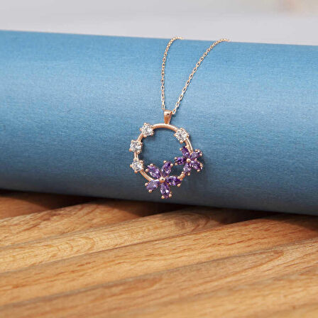 STİLLOVE Gümüş Rose Mor Çiçek KadIn Kolye