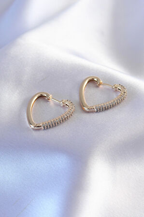 STİLLOVE Gold Renk Zirkon Taşlı Kalp Model Kadın Küpe