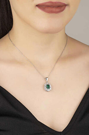 STİLLOVE Gümüş Elmas Montür Zümrüt Taşlı Kadın Kolye