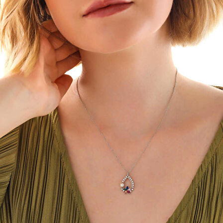 STİLLOVE Gümüş Renkli Taşlı Çiçekli Kadın Kolye