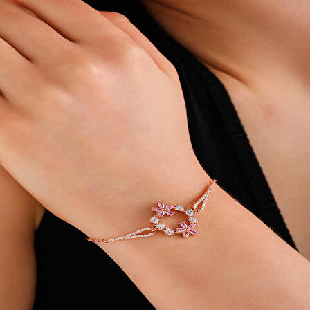 STİLLOVE Gümüş Rose Pembe Çiçek Kadın Bileklik