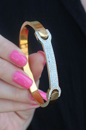 STİLLOVE 316L Çelik Gold Renk Zirkon Taşlı Kadın Kelepçe