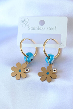 STİLLOVE 316L Çelik Gold Renk Çiçek Model Nazar Boncuk Detay Kadın Küpe