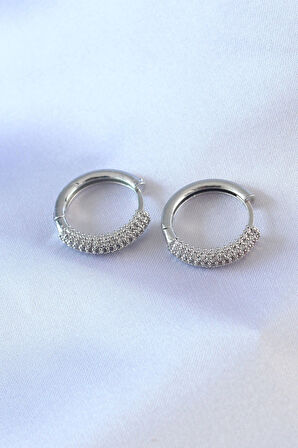 STİLLOVE Gümüş Renk Zirkon Taşlı Halka Model Pirinç Kadın Küpe