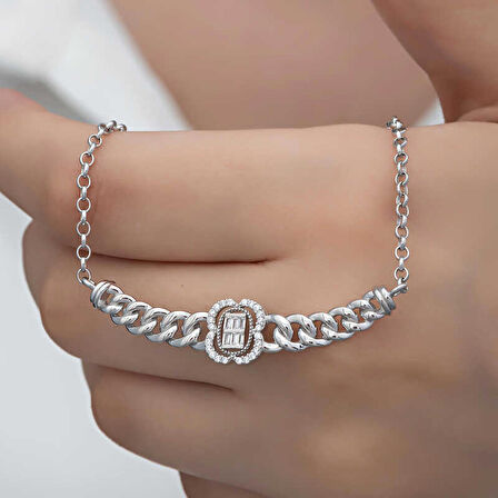 STİLLOVE Gümüş Gurmet Zincirli Baget Taşlı Kadın Kolye