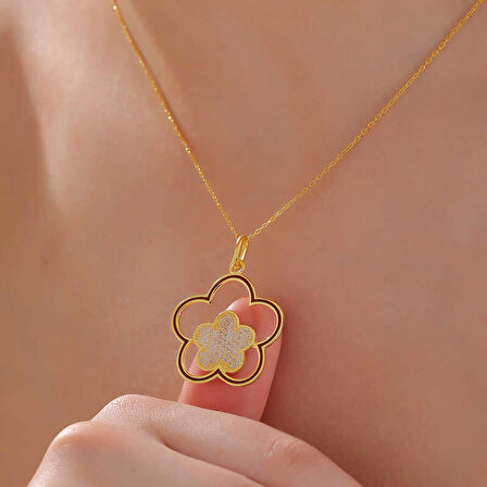 STİLLOVE ​Gümüş Gold Çiçek Desenli Kadın Kolye