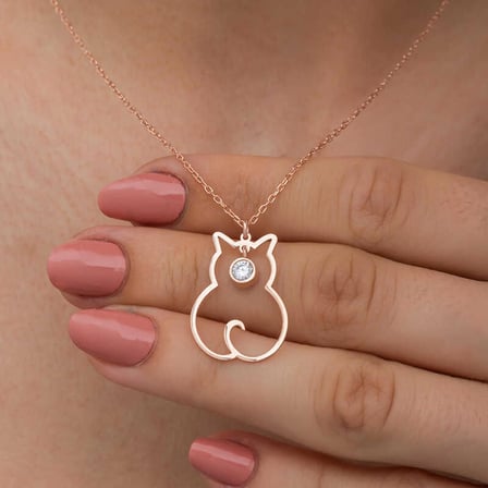STİLLOVE Gümüş Nisan Ayı Doğum Taşı Kedi Kadın Kolye