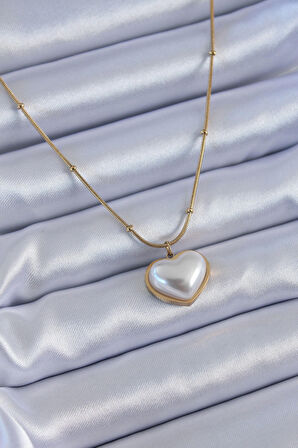 STİLLOVE 316L Çelik Gold Renk İncili Kalp Model Minimal Top Detay Kadın Kolye