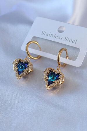 STİLLOVE 316L Çelik Gold Renk Mavi Kristal Taş Kalp Model Zirkon Taşlı Kadın Küpe