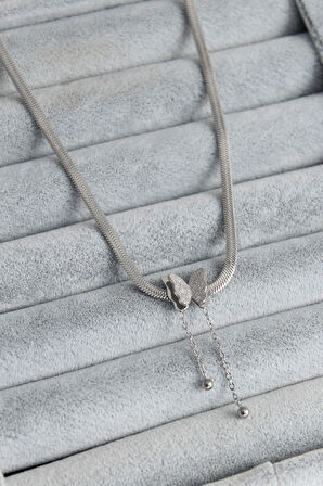 STİLLOVE 316L Çelik Gümüş Renk İtalyan Zincir Model Simli Kelebek Figür Kadın Kolye