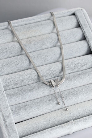 STİLLOVE 316L Çelik Gümüş Renk İtalyan Zincir Model Simli Kelebek Figür Kadın Kolye