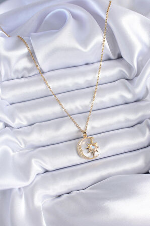 STİLLOVE 316L Çelik Gold Renk Zirkon Taşlı Ay Yıldız Model Kadın Kolye