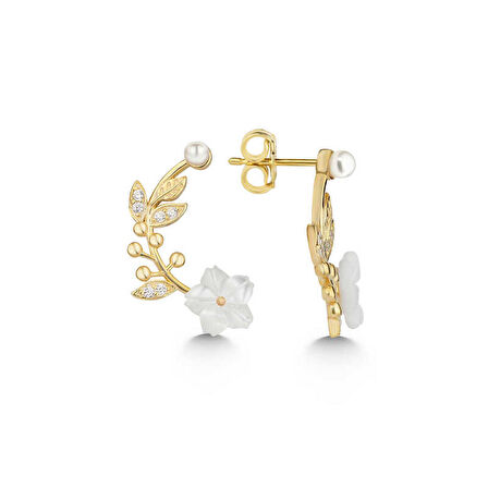 STİLLOVE Gümüş Gold Sedef Çiçek Çivili Kadın Küpe