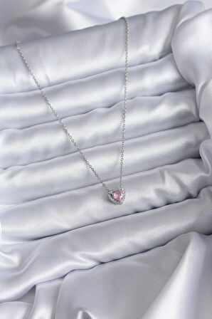 STİLLOVE 316L Çelik Zincirli Gümüş Renk Pembe Zirkon Taşlı Charm Kadın Kolye