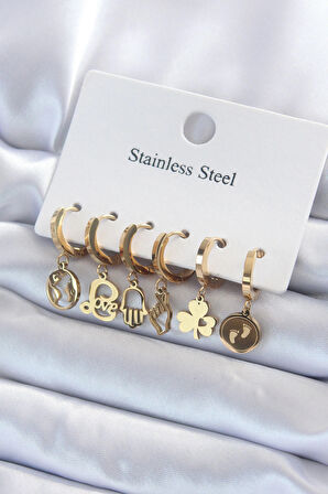 STİLLOVE 316L Çelik Gold Renk Çoklu Figür Model Kadın Küpe Seti