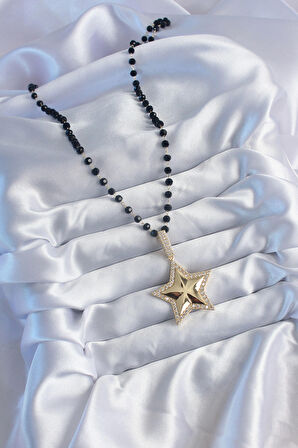 STİLLOVE Gold Renk Siyah Boncuk Zirkon Taşlı Yıldız Model VİP Seri Kadın Kolye