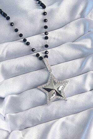 STİLLOVE Gümüş Renk Siyah Boncuk Zirkon Taşlı Pirinç Yıldız Model VİP Seri Kadın Kolye