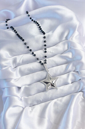 STİLLOVE Gümüş Renk Siyah Boncuk Zirkon Taşlı Pirinç Yıldız Model VİP Seri Kadın Kolye