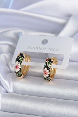 STİLLOVE 316L Çelik Gold Renk Siyah Çiçek İşleme Kadın Küpe