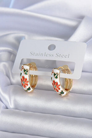 STİLLOVE 316L Çelik Gold Renk Beyaz Renk Çiçek İşleme Detay Kadın Küpe