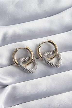 STİLLOVE Pirinç Gold Renk Halka Gümüş Zirkon Taşlı Kalp Model VİP Seri Kadın Küpe