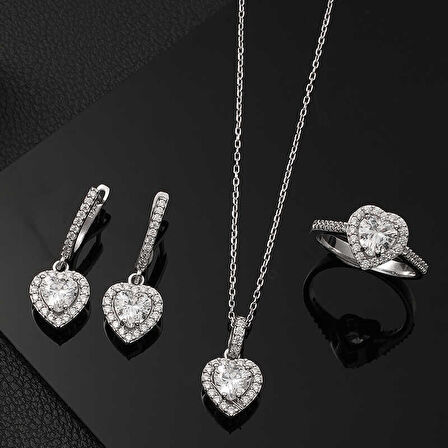 STİLLOVE Gümüş Beyaz Taşlı Kalpli Kadın Set