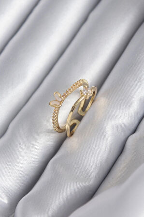 STİLLOVE Pirinç Gold Renk Zirkon Taş Detay Kelebek Model Kadın Yüzük