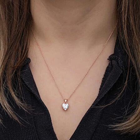 STİLLOVE Gümüş Rose Beyaz Taşlı Kalpli Kadın Kolye