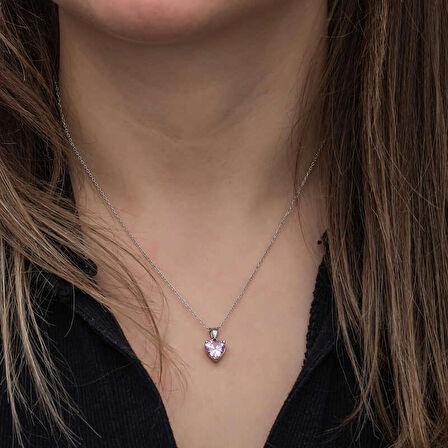 STİLLOVE Gümüş Pembe Taşlı Kalpli Kadın Kolye