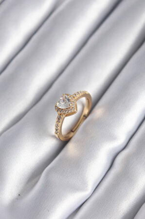 STİLLOVE Pirinç Gold Renk Zirkon Taşlı Kalp Charm Model Kadın Yüzük