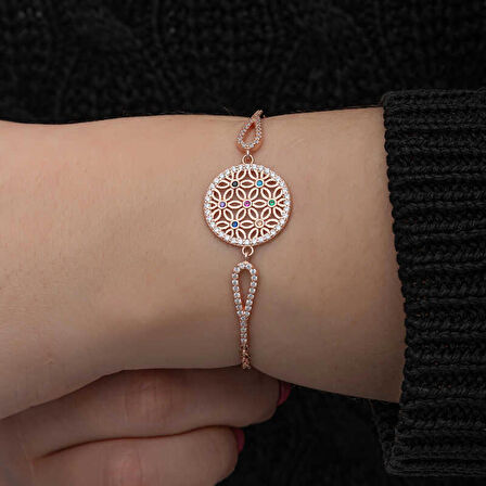 STİLLOVE ​Gümüş Rose Renkli Yaşam Çiçeği Kadın Bileklik